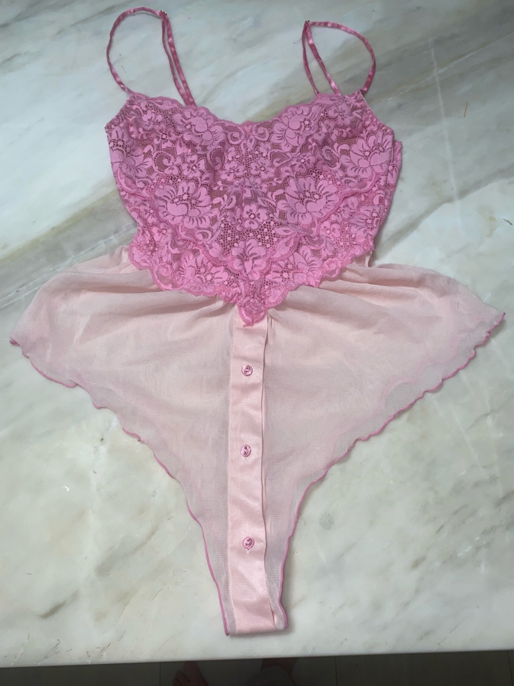HAH hot as hell vintage style Pink Lace Trim sheer bottom w/ buttons Bodysuit S